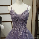 Purple Tulle Layers Long Formal Gown, Lace Applique Top Party Dress